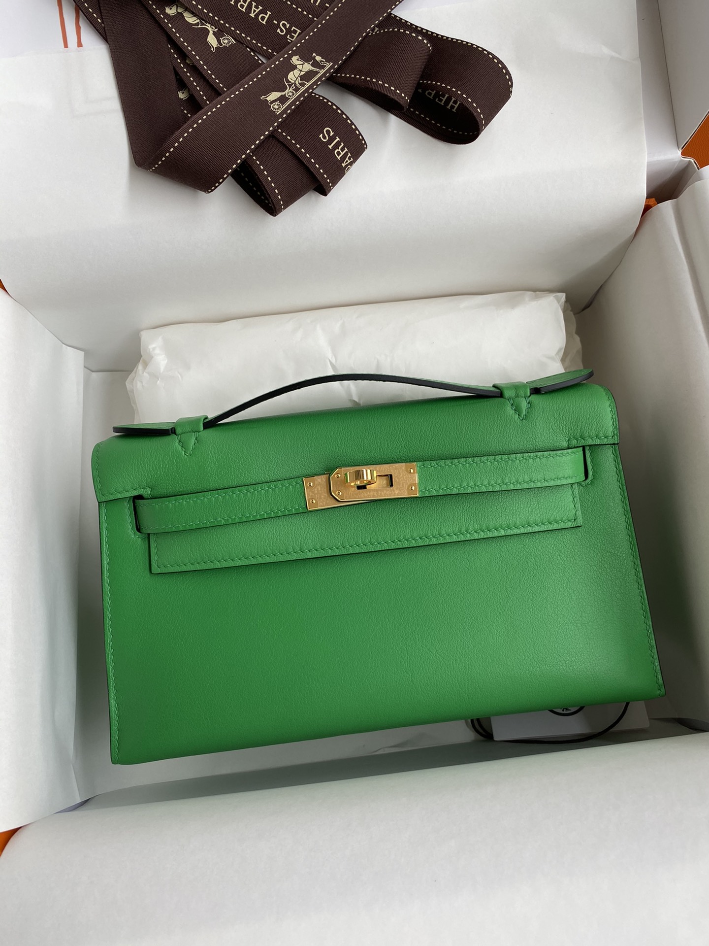 Hermes Mini Kelly Pochette 22cm Bag In Green Bombou Swift Leather